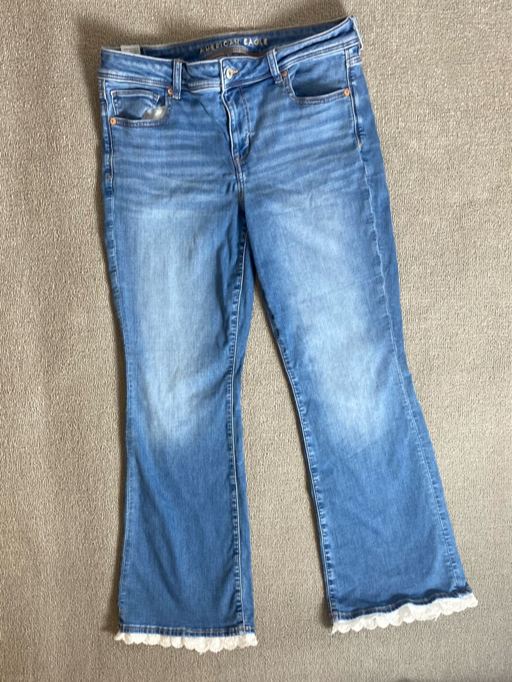AE Next Level Stretch Kick Boot Boho Chic Festival Denim Jeans With Lace Hem